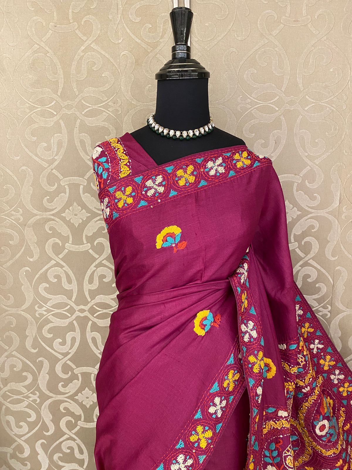 Wine Tussar Hand Embroidery Saree, With Unstitched Blouse