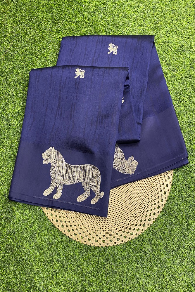 Deep Blue Mashru Silk Banarasi Kadwa Handloom Saree, With Unstich Blouse
