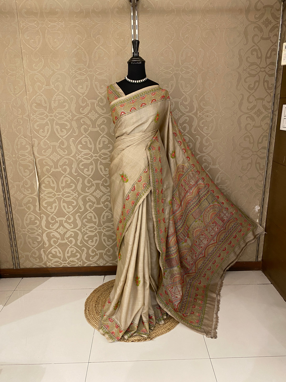 Off-White Tussar Hand Embroidery Saree, With Unstitched Blouse