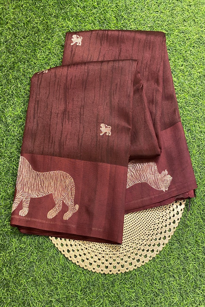 Brown Mashru Silk Banarasi Kadwa Handloom Saree, With Unstich Blouse