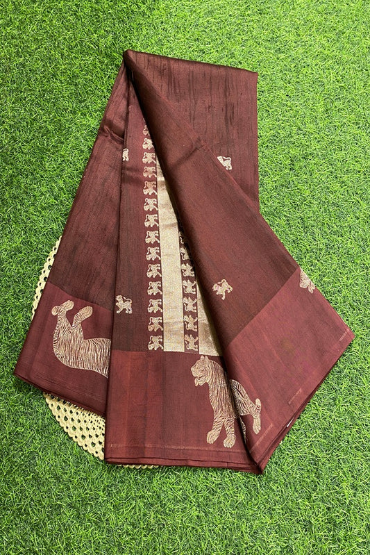 Brown Mashru Silk Banarasi Kadwa Handloom Saree, With Unstich Blouse
