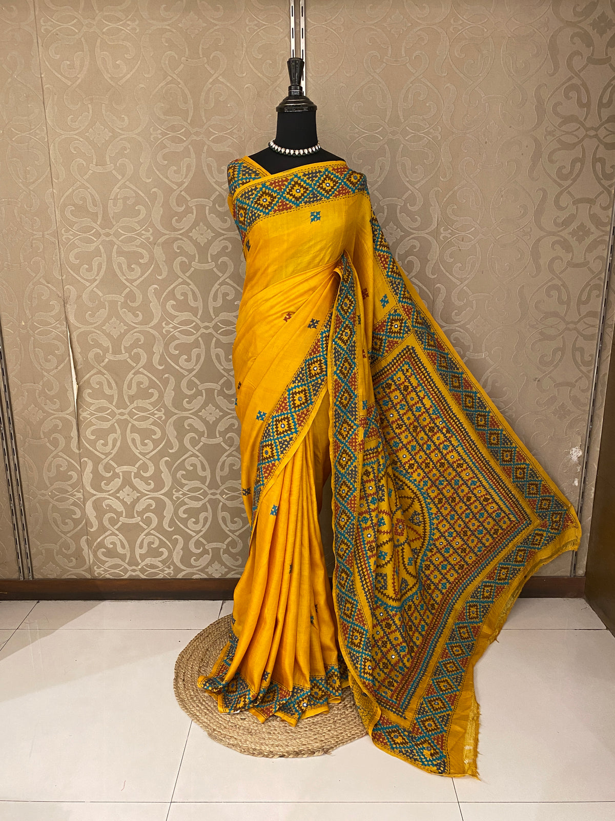 Mustard Yellow Tussar Hand Embroidery Saree, With Unstitched Blouse