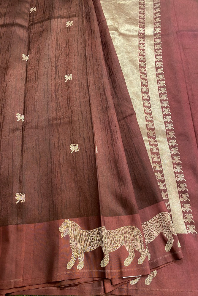 Brown Mashru Silk Banarasi Kadwa Handloom Saree, With Unstich Blouse
