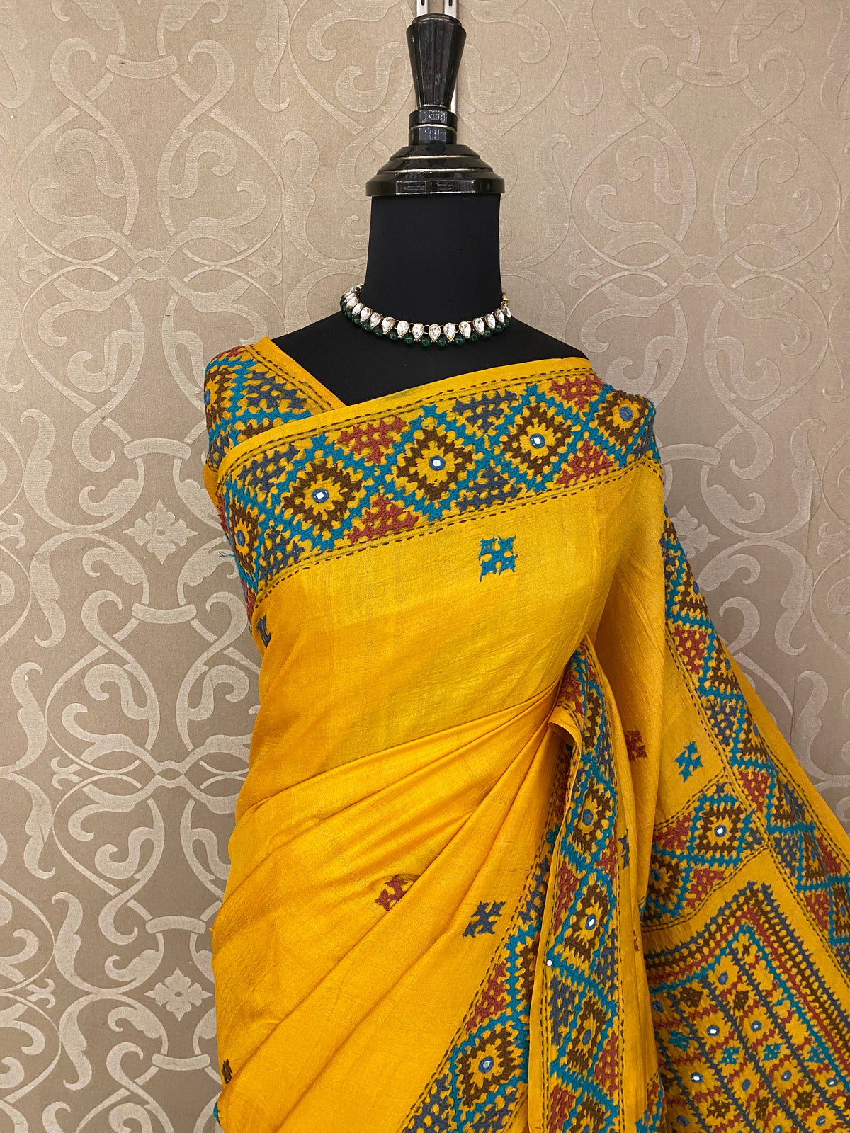 Mustard Yellow Tussar Hand Embroidery Saree, With Unstitched Blouse