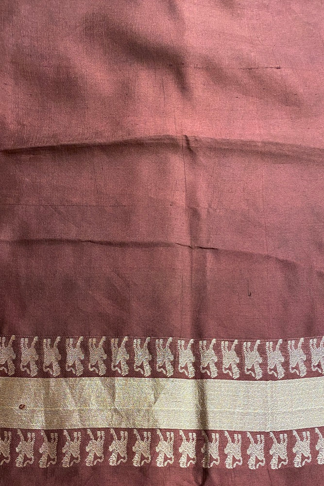 Brown Mashru Silk Banarasi Kadwa Handloom Saree, With Unstich Blouse