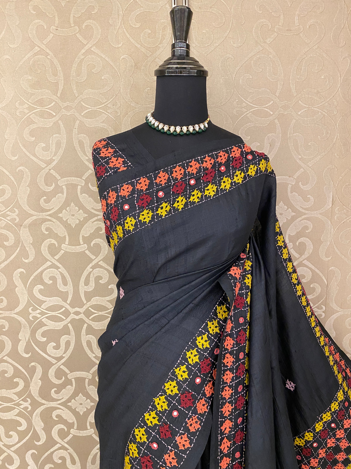 Black Tussar Hand Embroidery Saree, With Unstitched Blouse