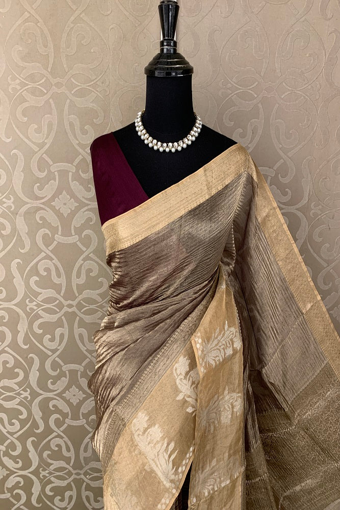 ANTIQUE GOLD CRUSH TISSUE BANARASI SAREE WITH BLOUSE PIECE