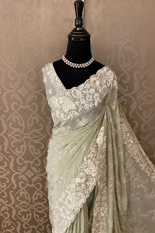 PISTA GREEN CREPE SILK SAREE WITH PARSI EMBROIDERY, UNSTITCHED BLOUSE