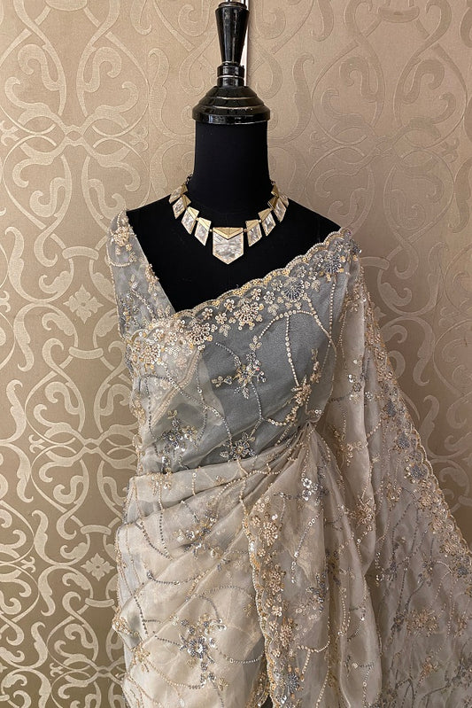 White Gold Tissue Embroidered Saree With Blouse Piece