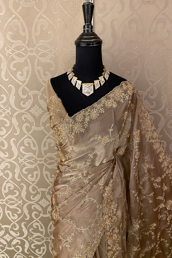 Beige Gold Tissue Embroidered Saree With Blouse Piece
