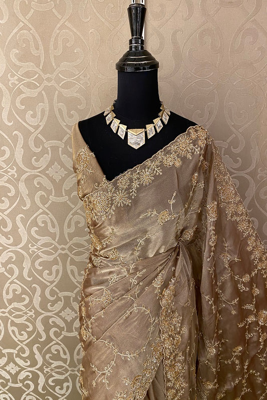 Beige Gold Tissue Embroidered Saree With Blouse Piece