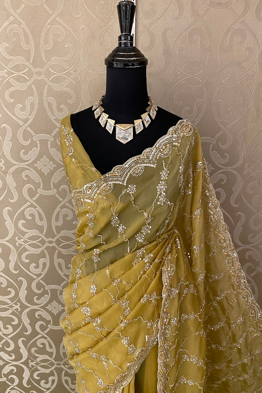 Yellow Tissue Embroidered Saree With Blouse Piece