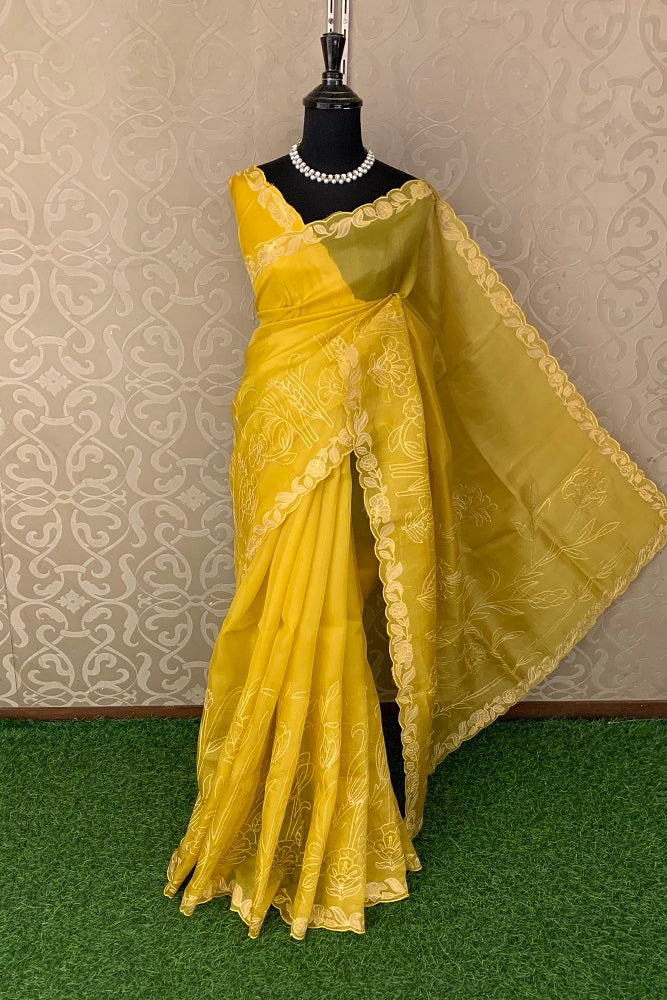 YELLOW ORGANZA SILK SAREE WITH APPLIQUE WORK