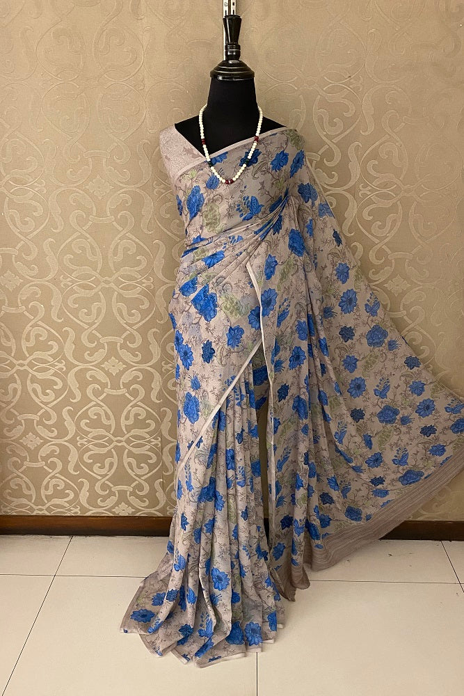 Ash  Floral Printed Chiffon Saree With Blouse Piece