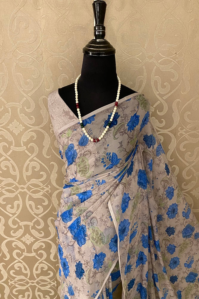 Ash  Floral Printed Chiffon Saree With Blouse Piece