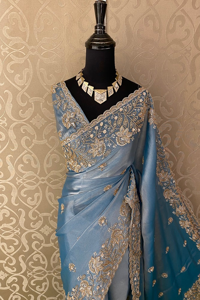 Powder Blue Tissue Embroidered Saree With Blouse Piece