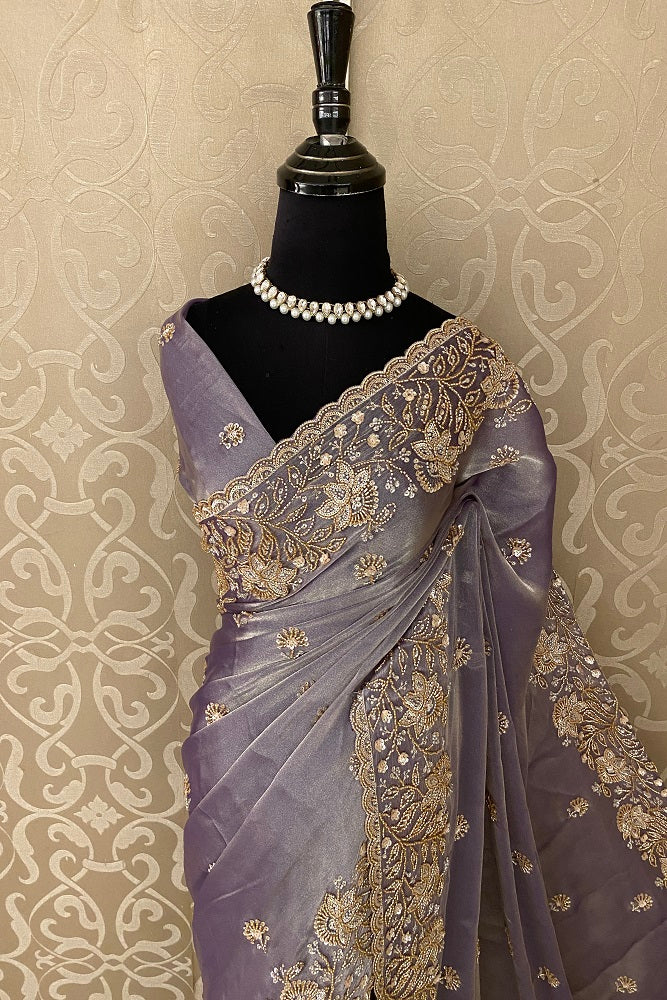 Mauve Tissue Embroidered Saree With Blouse Piece