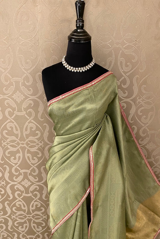 Olive Green Tissue Silk Saree Hand Embroidery With Readymade Blouse