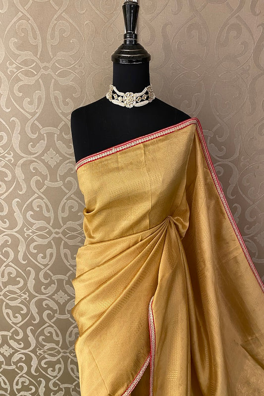 Mustard Yellow Tissue Silk Saree Hand Embroidery With Readymade Blouse