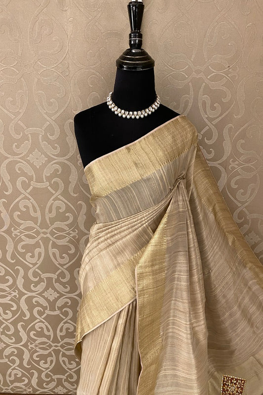 Offwhite Tissue Silk Saree Hand Embroidery With Readymade Blouse