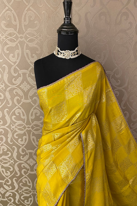 Bright Yellow Tissue Silk Saree Hand Embroidery With Readymade Blouse