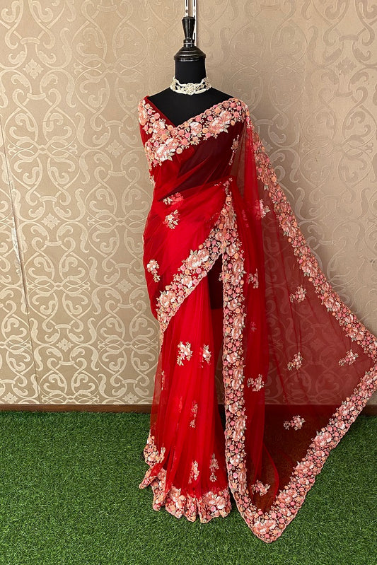Red Net Party Wear Saree Embroidery Work With Blouse Piece