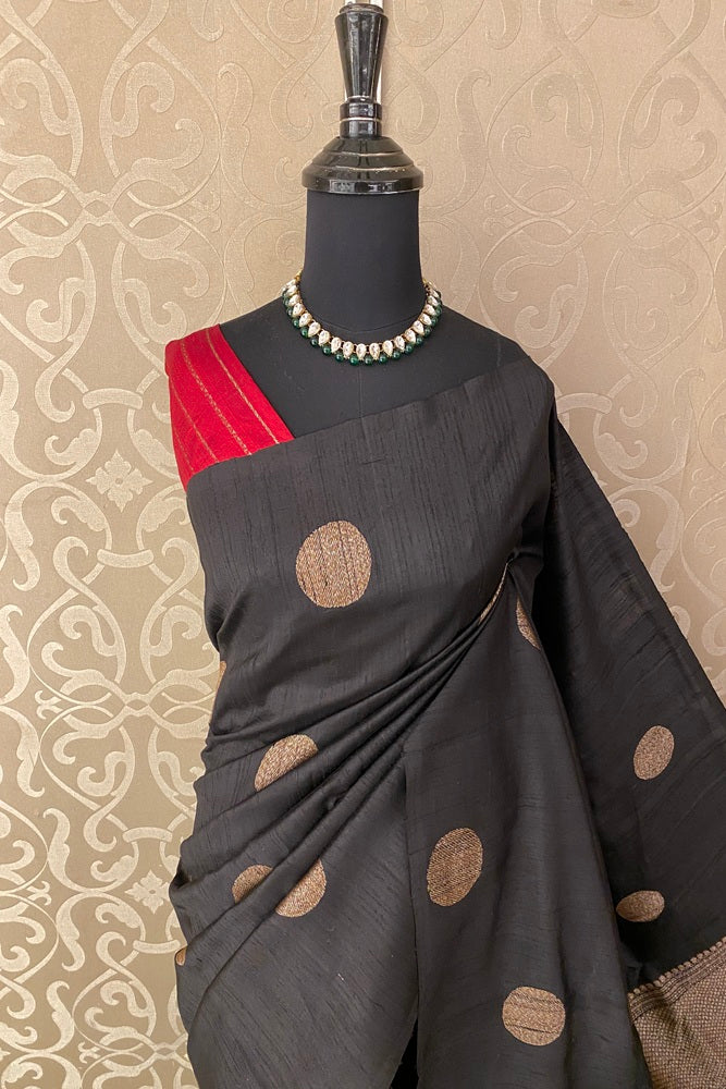 Black Pure Raw Tussar Banarasi Silk Saree With Zari Work, With Unstich Blouse
