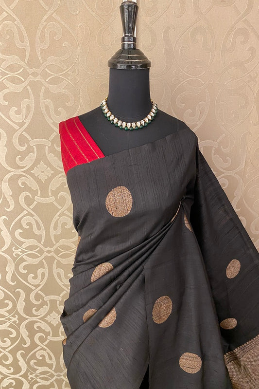 Black Pure Raw Tussar Banarasi Silk Saree With Zari Work, With Unstich Blouse
