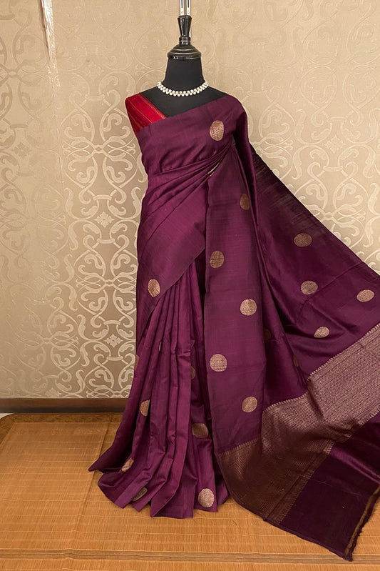 Wine Pure Raw Tussar Banarasi Silk Saree With Zari Work, With Unstich Blouse