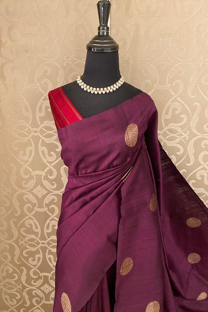 Wine Pure Raw Tussar Banarasi Silk Saree With Zari Work, With Unstich Blouse