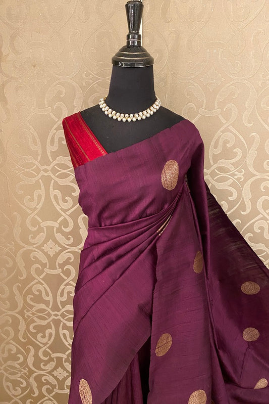 Wine Pure Raw Tussar Banarasi Silk Saree With Zari Work, With Unstich Blouse