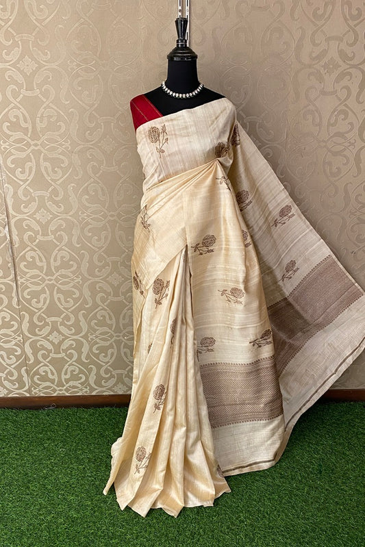 Offwhite Pure Raw Tussar Banarasi Silk Saree With Zari Work, With Unstich Blouse