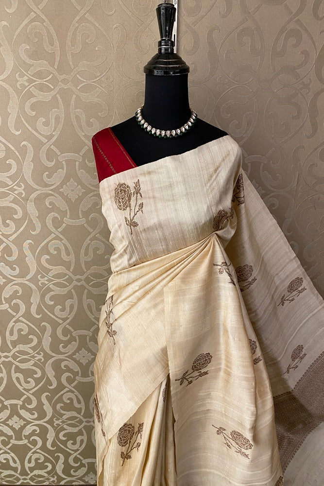 Offwhite Pure Raw Tussar Banarasi Silk Saree With Zari Work, With Unstich Blouse