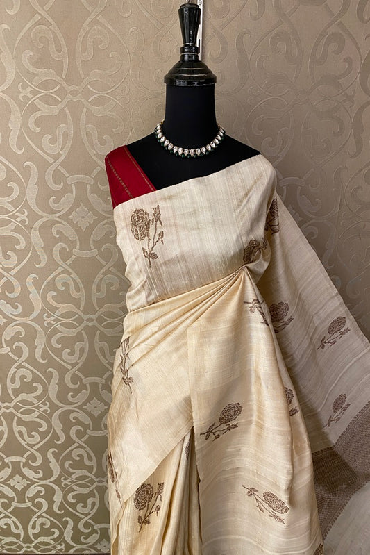 Offwhite Pure Raw Tussar Banarasi Silk Saree With Zari Work, With Unstich Blouse