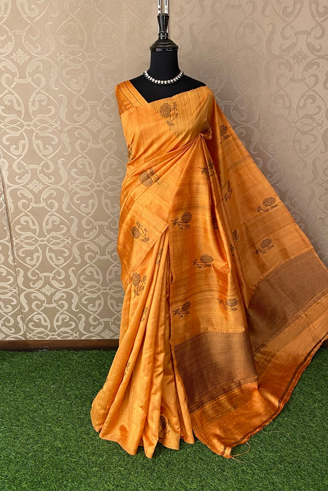 Mustard Yellow Pure Raw Tussar Banarasi Silk Saree With Zari Work, With Unstich Blouse
