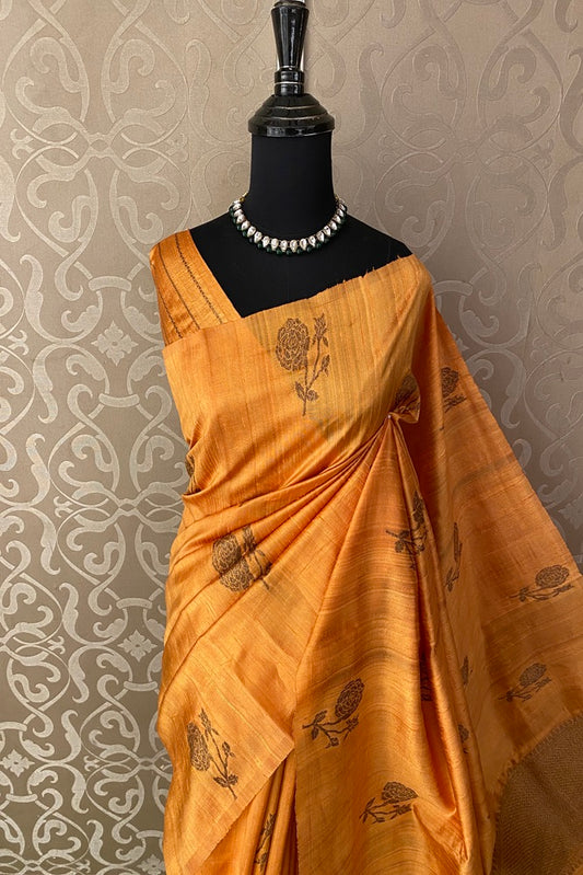 Mustard Yellow Pure Raw Tussar Banarasi Silk Saree With Zari Work, With Unstich Blouse