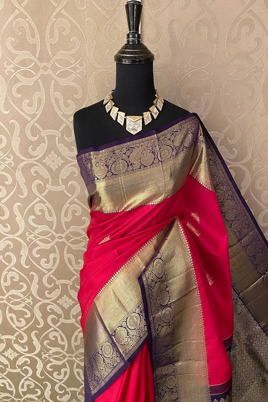 Rani Pink Pure Kanjeevaram Silk Saree With Blouse