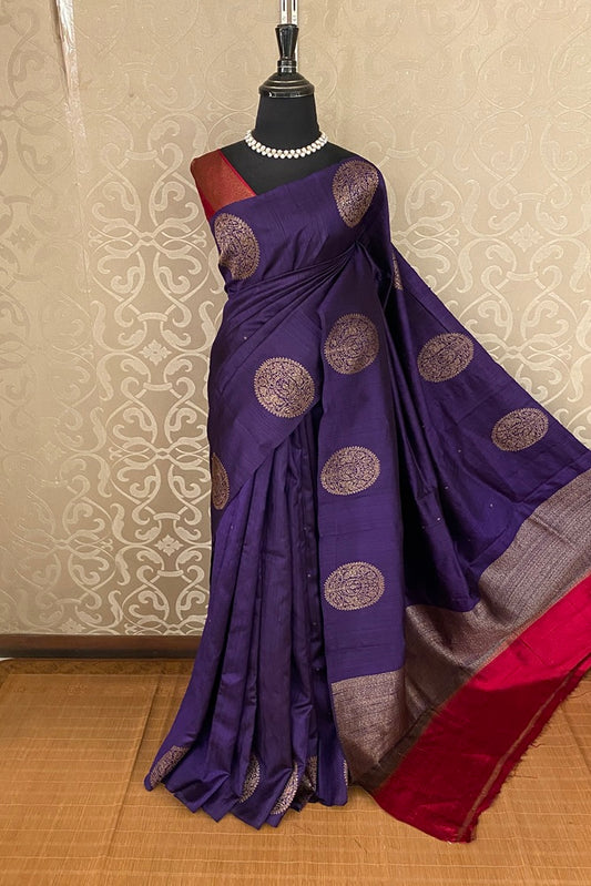 Violet Pure Raw Tussar Banarasi Silk Saree With Zari Work, With Unstich Blouse