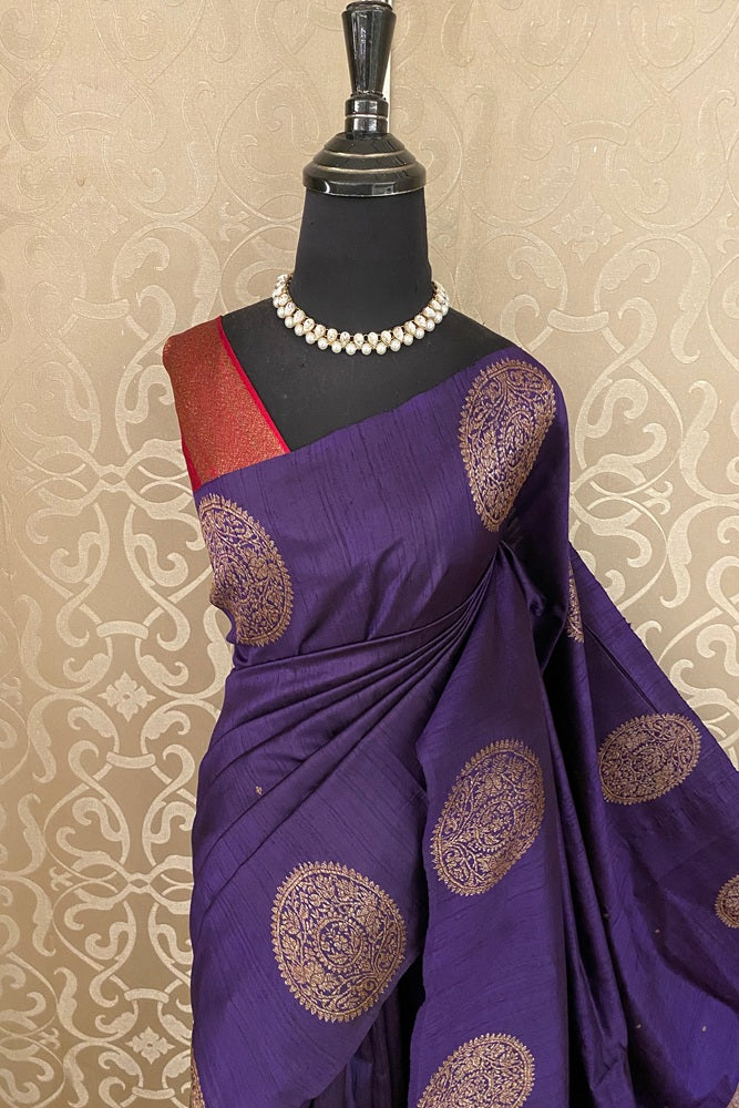 Violet Pure Raw Tussar Banarasi Silk Saree With Zari Work, With Unstich Blouse