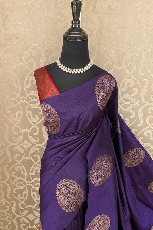 Violet Pure Raw Tussar Banarasi Silk Saree With Zari Work, With Unstich Blouse