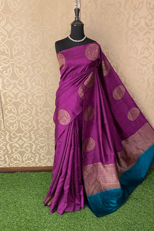 Purple Pure Raw Tussar Banarasi Silk Saree With Zari Work, With Unstich Blouse