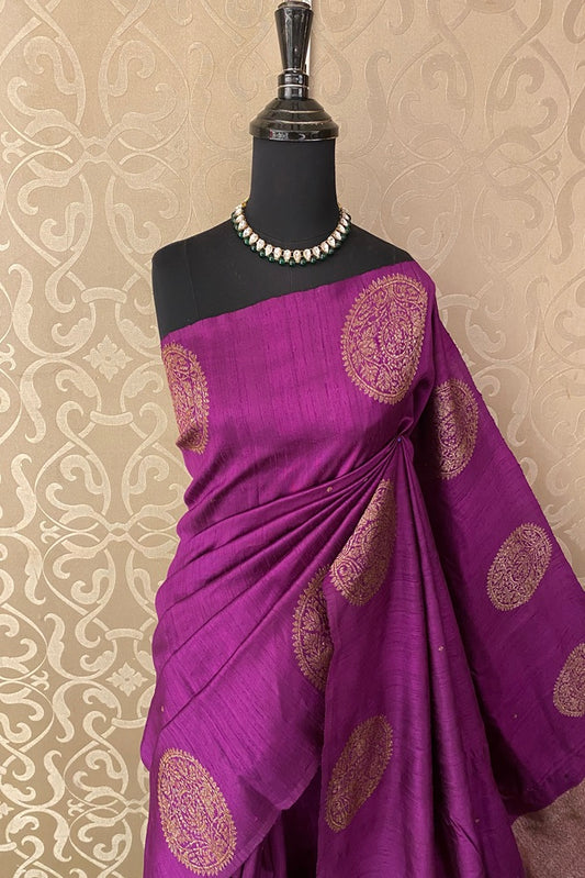 Purple Pure Raw Tussar Banarasi Silk Saree With Zari Work, With Unstich Blouse