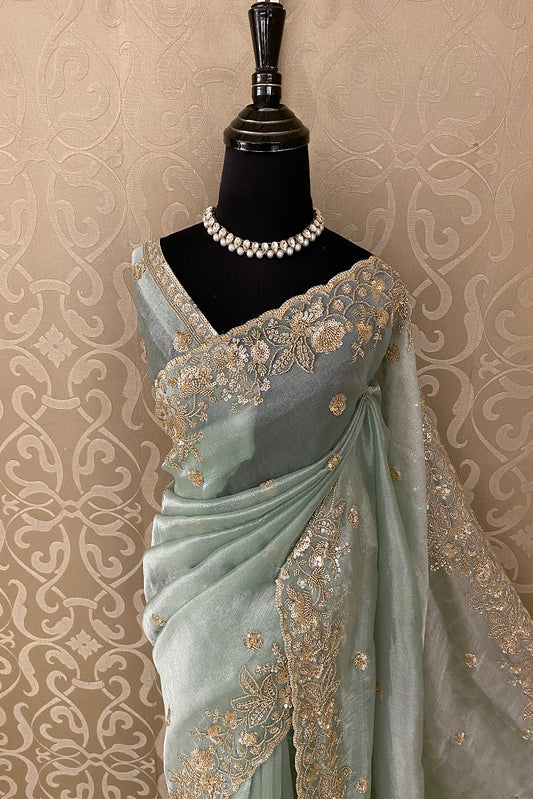 PASTLE GREEN TISSUE SILK EMBROIDERY SAREE WITH BLOUSE