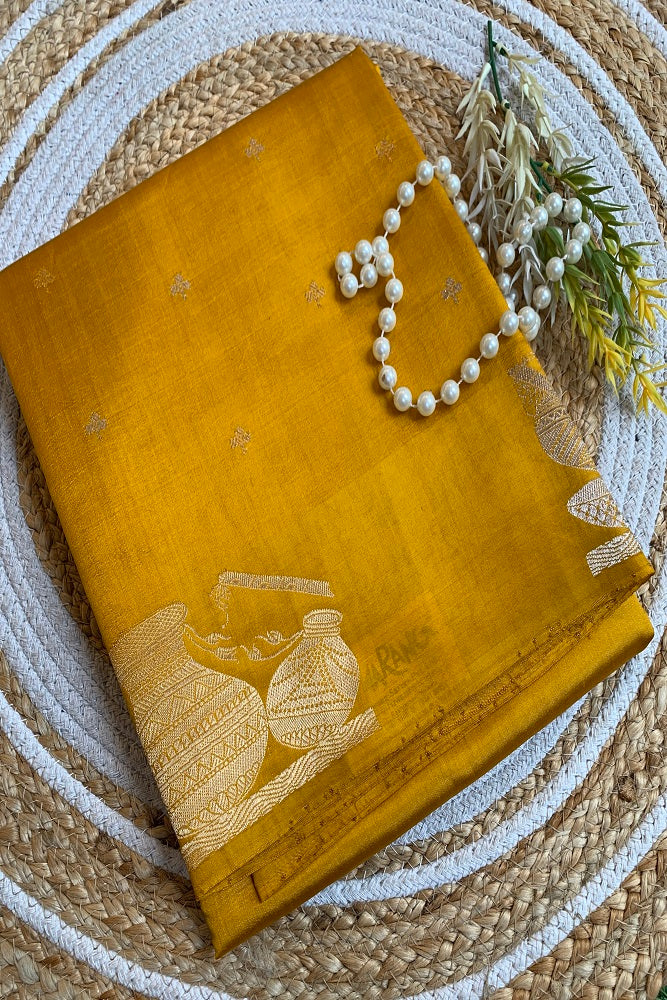 MUSTARD YELLOW POONA SILK SAREE WITH GOLDEN ZARI WOVEN BUTTAS