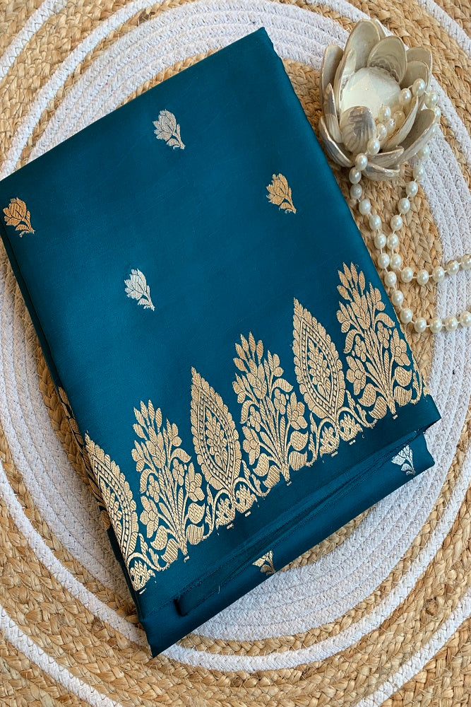 TEAL BLUE POONA SILK SAREE WITH GOLDEN ZARI WOVEN BUTTAS