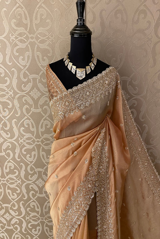 COPPER GOLD TISSUE SILK EMBROIDERY SAREE WITH BLOUSE