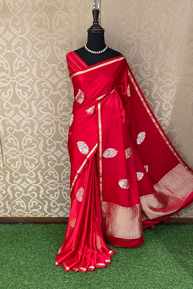 Red Mashru Silk Banarasi Kadwa Handloom Saree, With Unstich Blouse