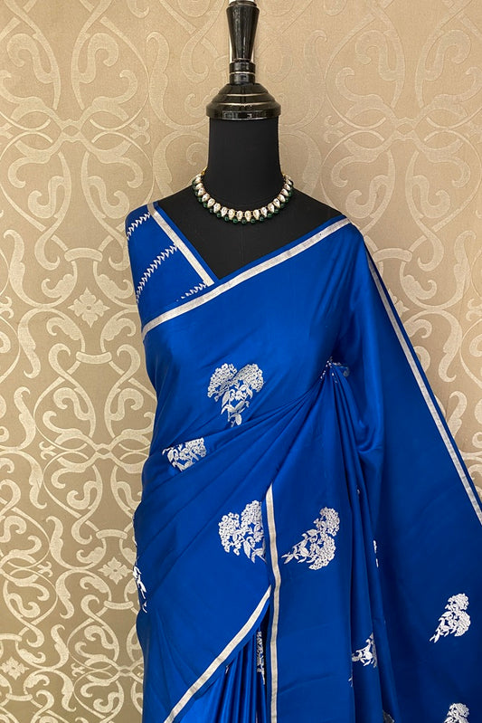 Cobalt Blue Mashru Silk Banarasi Kadwa Handloom Saree, With Unstich Blouse