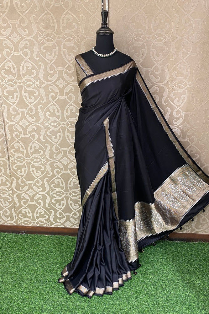 Black Mashru Silk Banarasi Kadwa Handloom Saree, With Unstich Blouse
