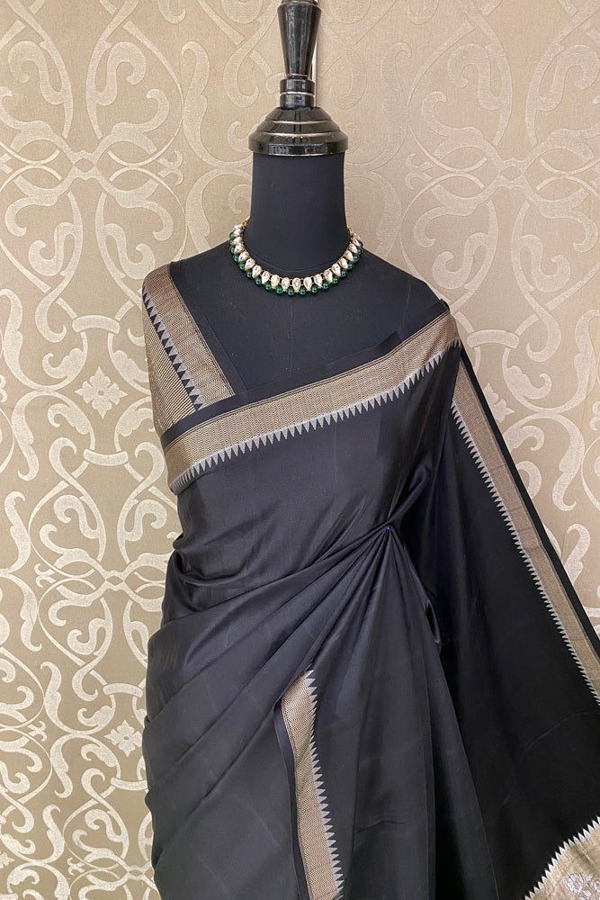 Black Mashru Silk Banarasi Kadwa Handloom Saree, With Unstich Blouse